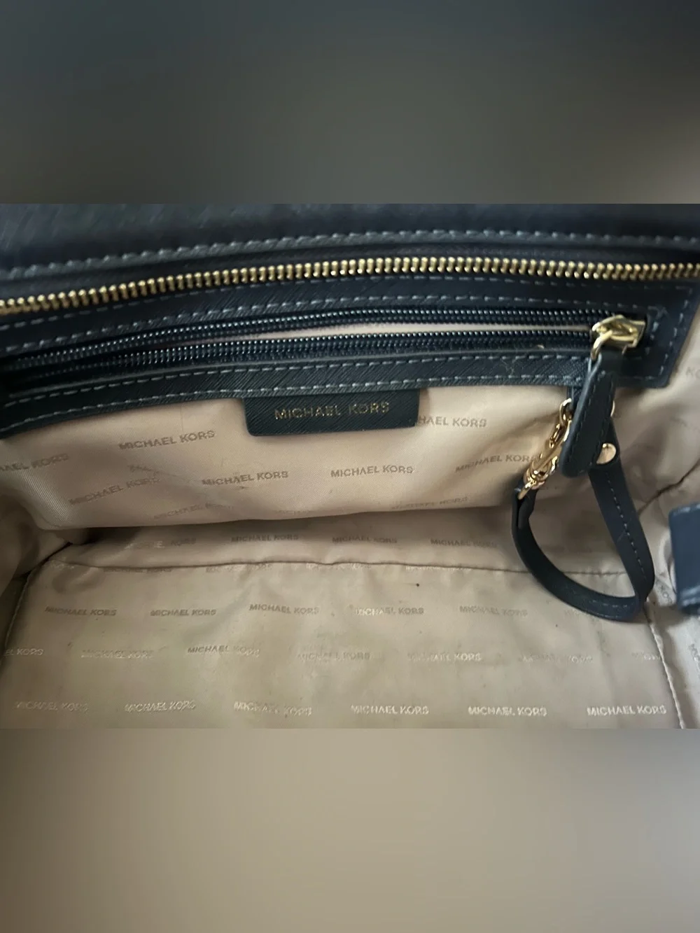 Michael Kors Navy Saffiano Leather Satchel with Gold Hardware